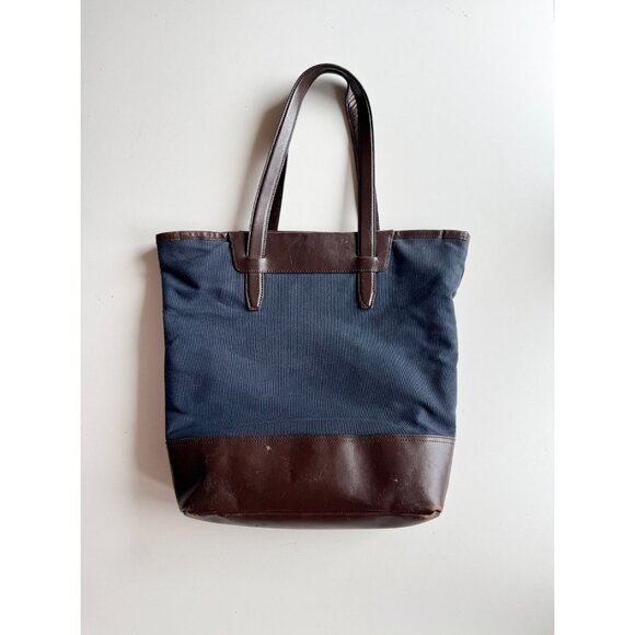 BANANA REPUBLIC Navy Cotton Canvas Brown Leather Trim Tote Bag Purse - Picture 6 of 12